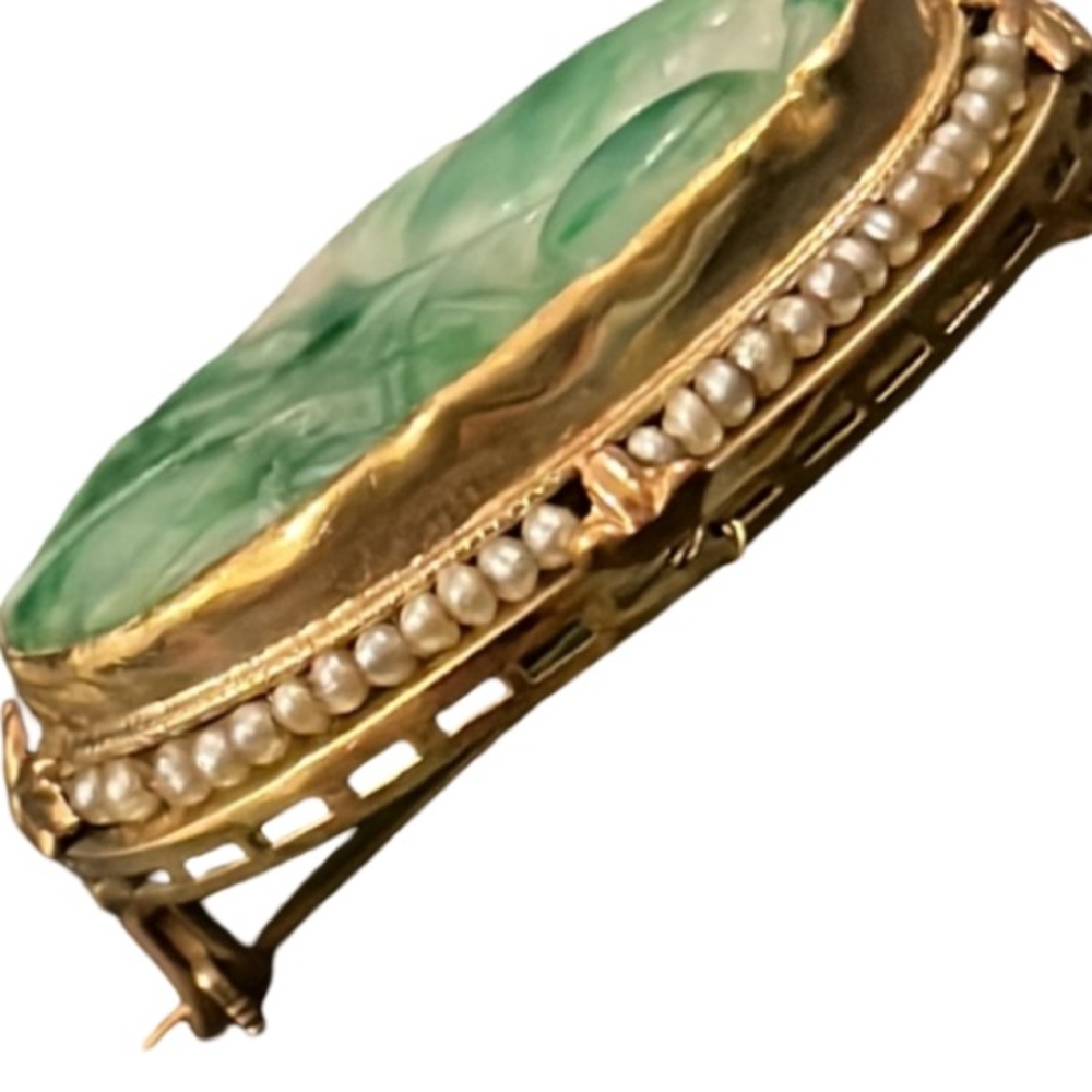 Antique Art Deco Gold Apple Jade Floral Cherry Blossom Pearl Lined Cameo Brooch - Picture 5 of 16